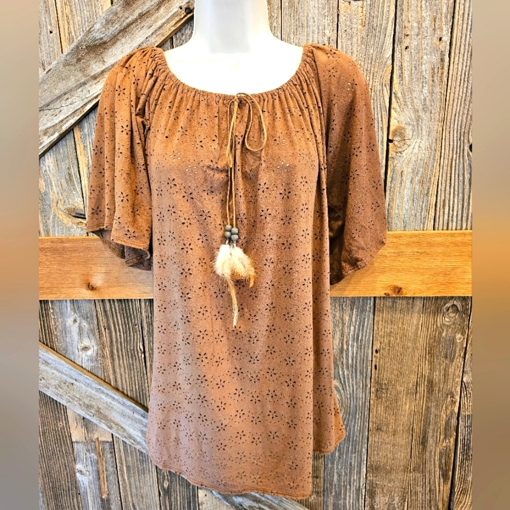 Yahada Top Small Peasant Soft Velour Floral Punch Out See Through Blouse EUC ^^